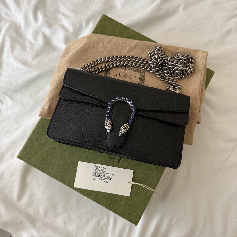 Authentic Gucci Black Leather Dionysus Crossbody with Silver Chain